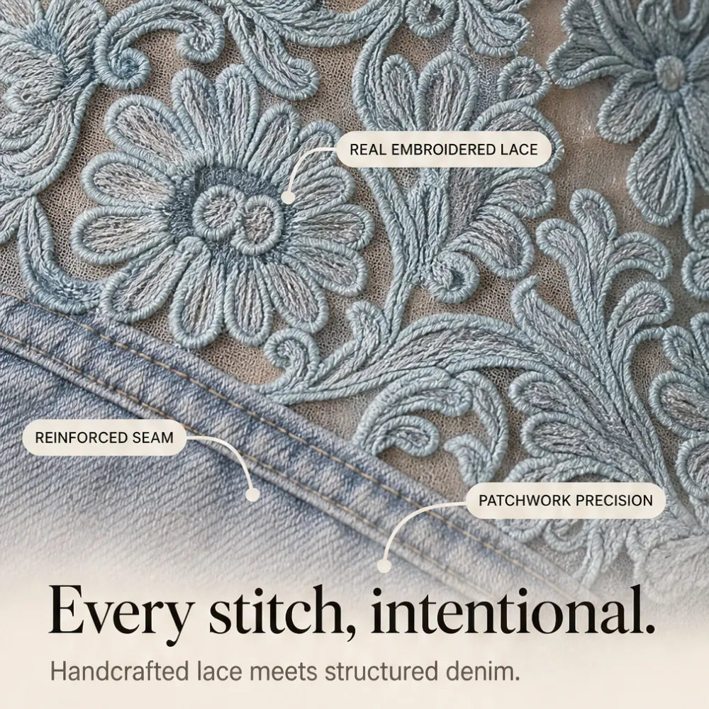 Close-up of light blue denim jacket with floral embroidered lace patchwork and reinforced seams