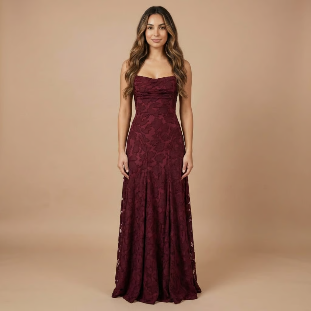 Burgundy floral lace maxi dress, spaghetti straps and sweetheart neckline