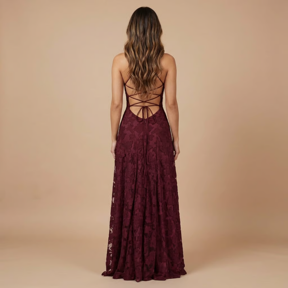 Burgundy floral lace maxi dress back, crisscross spaghetti straps and tie closure