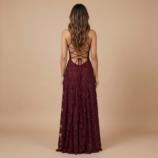 Burgundy floral lace maxi dress back, crisscross spaghetti straps and tie closure