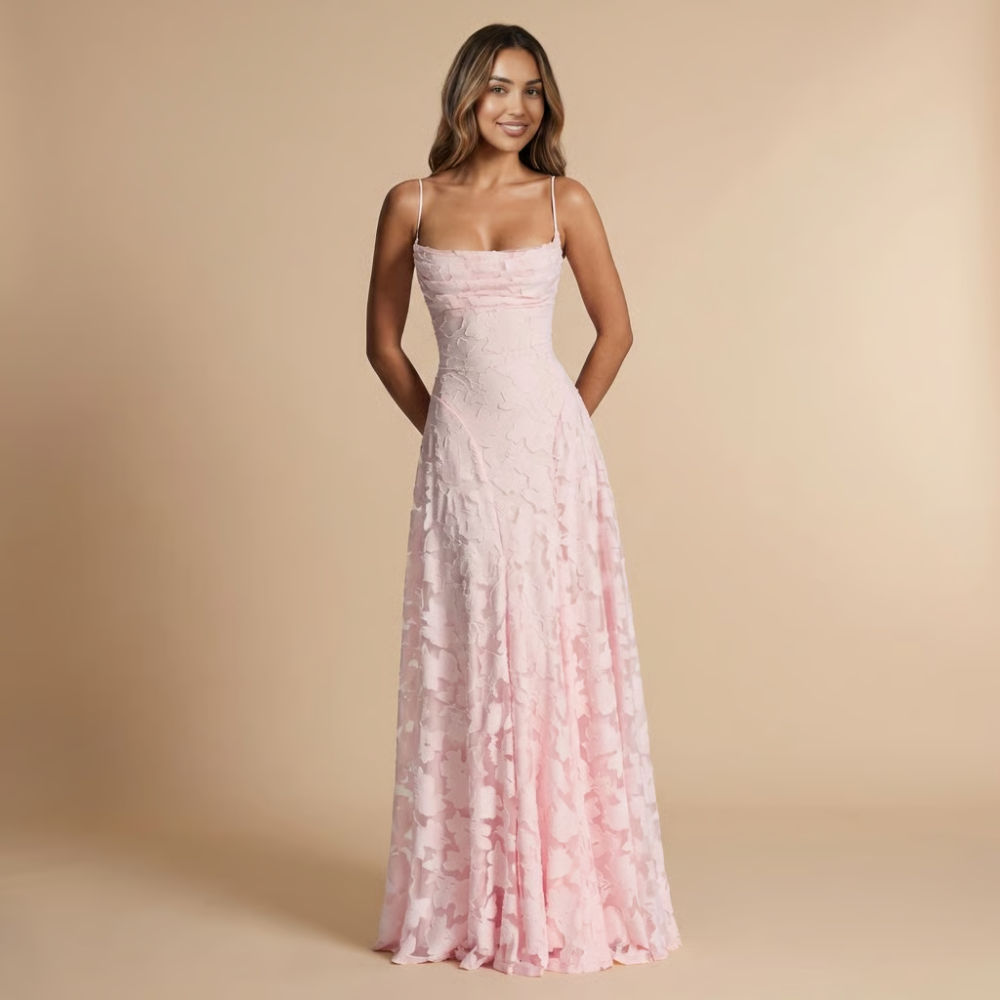 Pink floral lace maxi dress, spaghetti straps and fitted ruched bodice