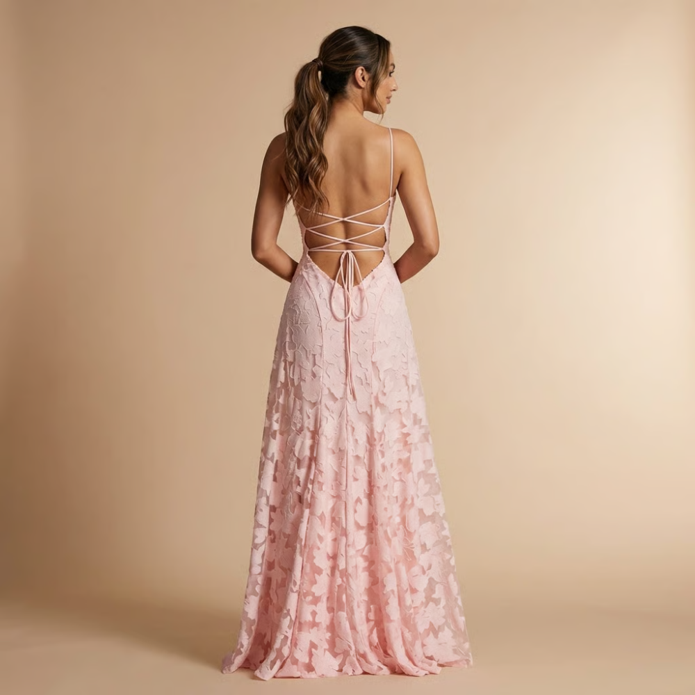 Pink floral lace maxi dress back, crisscross spaghetti straps with lace-up tie