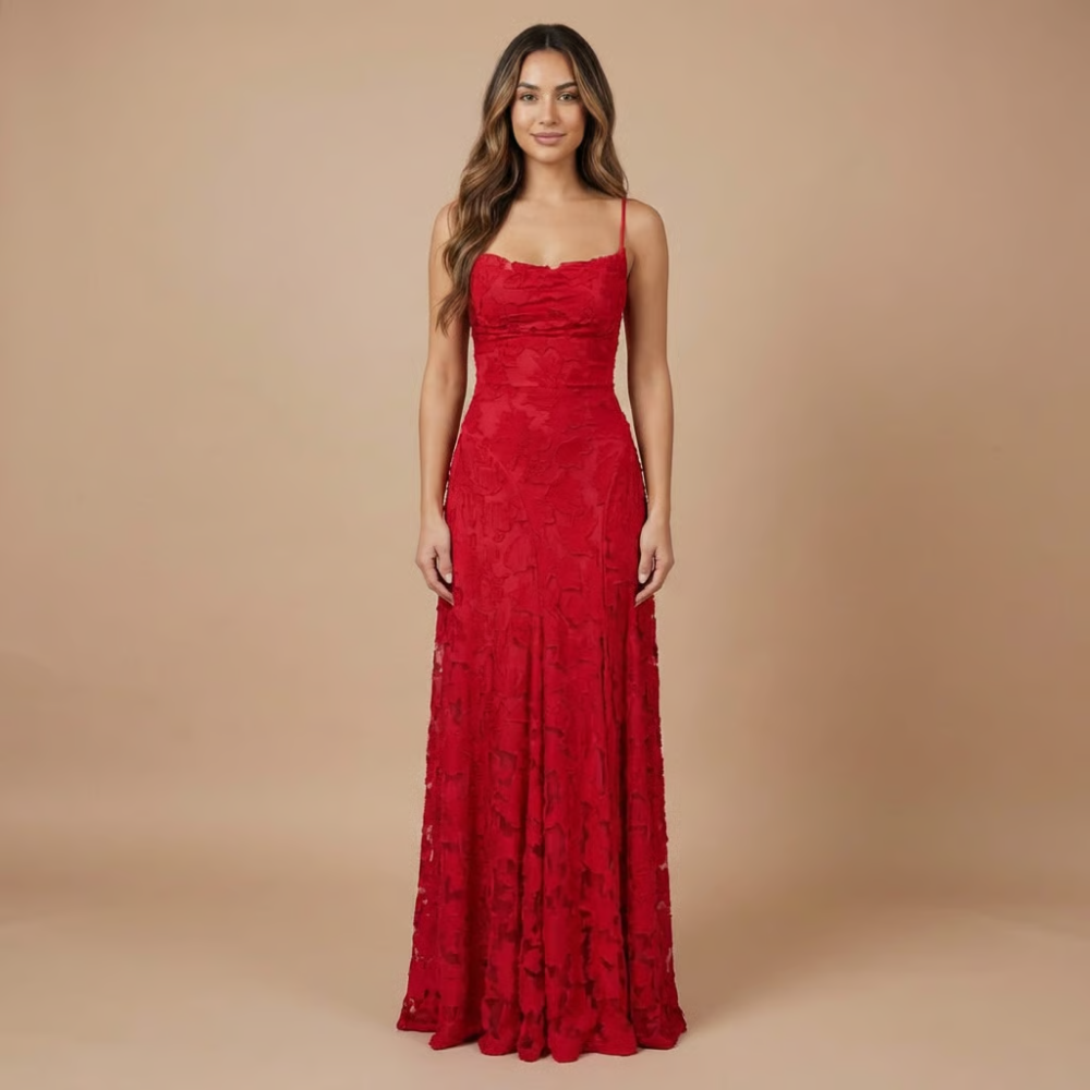 Red floral lace maxi dress, spaghetti straps and ruched, fitted bodice