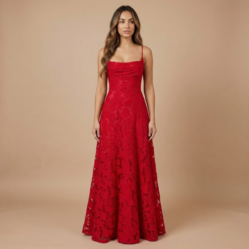 Red floral lace maxi dress, spaghetti straps and textured lace skirt
