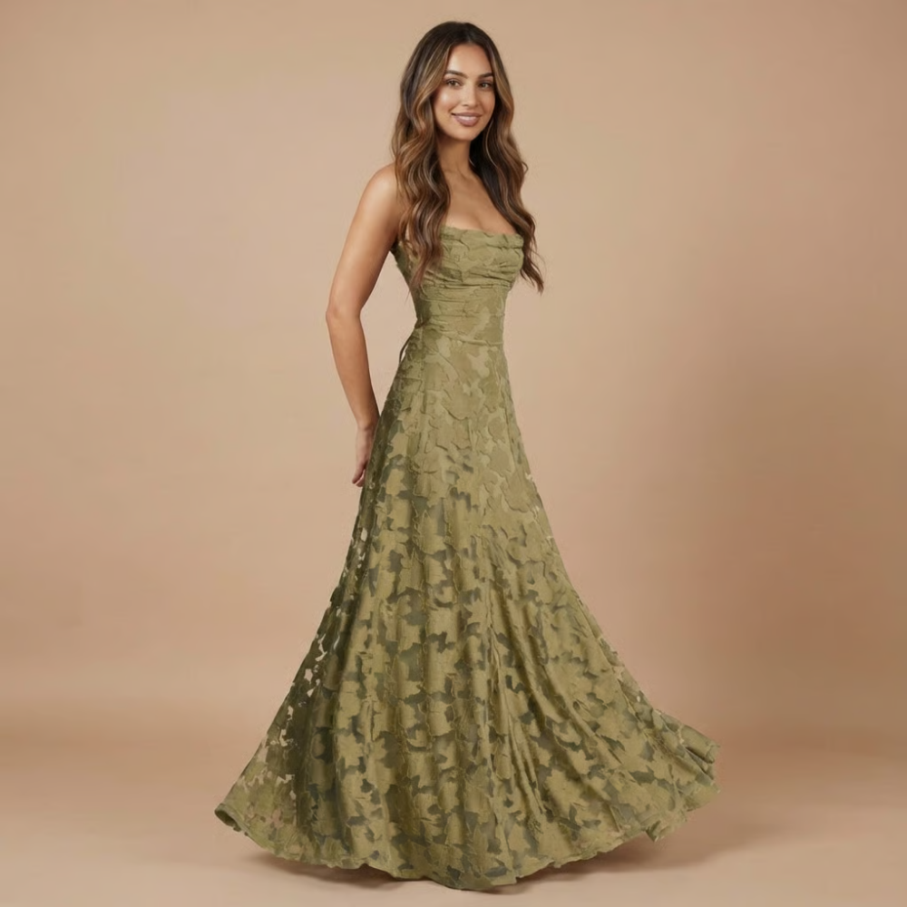 Green floral lace maxi dress, spaghetti straps and fitted ruched bodice