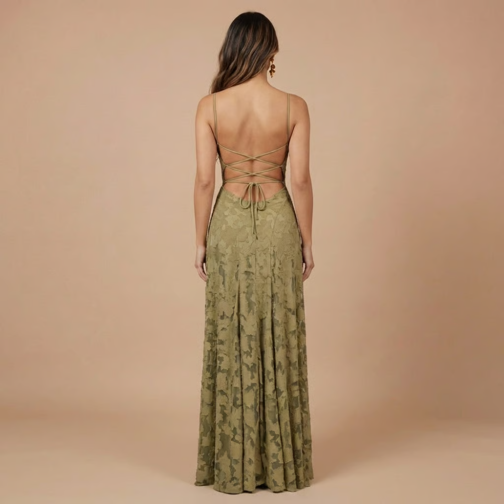 Green floral lace maxi dress back, crisscross spaghetti straps with lace-up tie