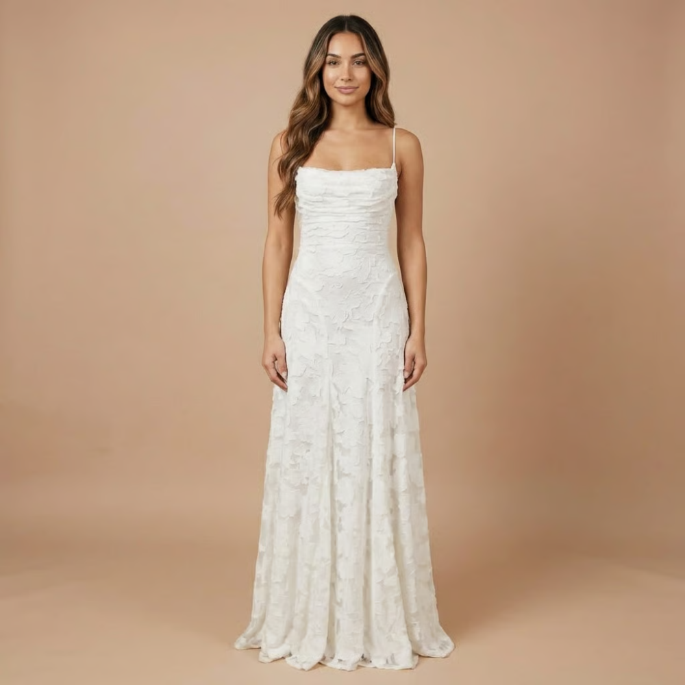 White floral lace maxi dress, spaghetti straps and ruched fitted bodice