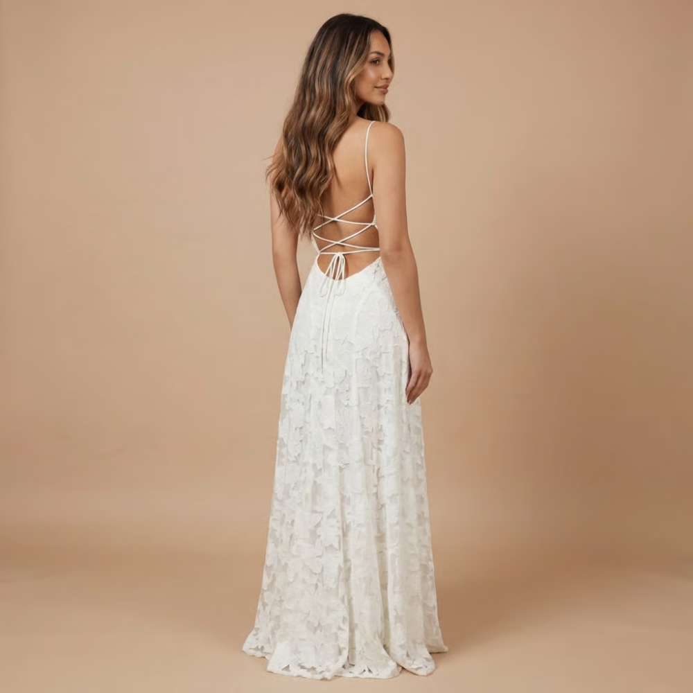 White floral lace maxi dress back, crisscross spaghetti straps and lace-up tie