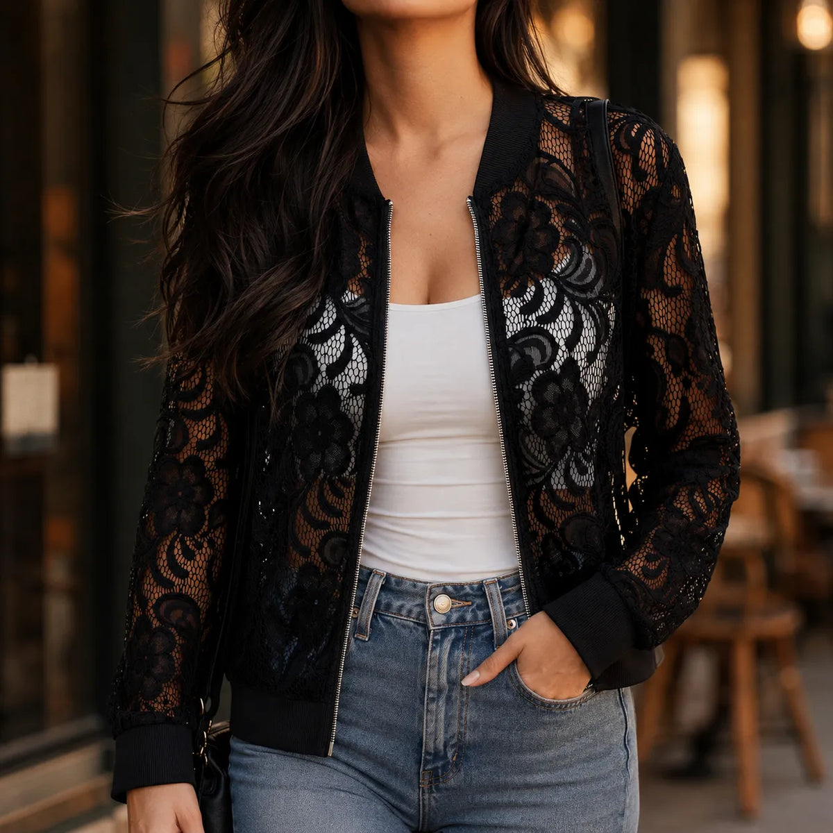 Floral Lace Zip Up Bomber Jacket for Women