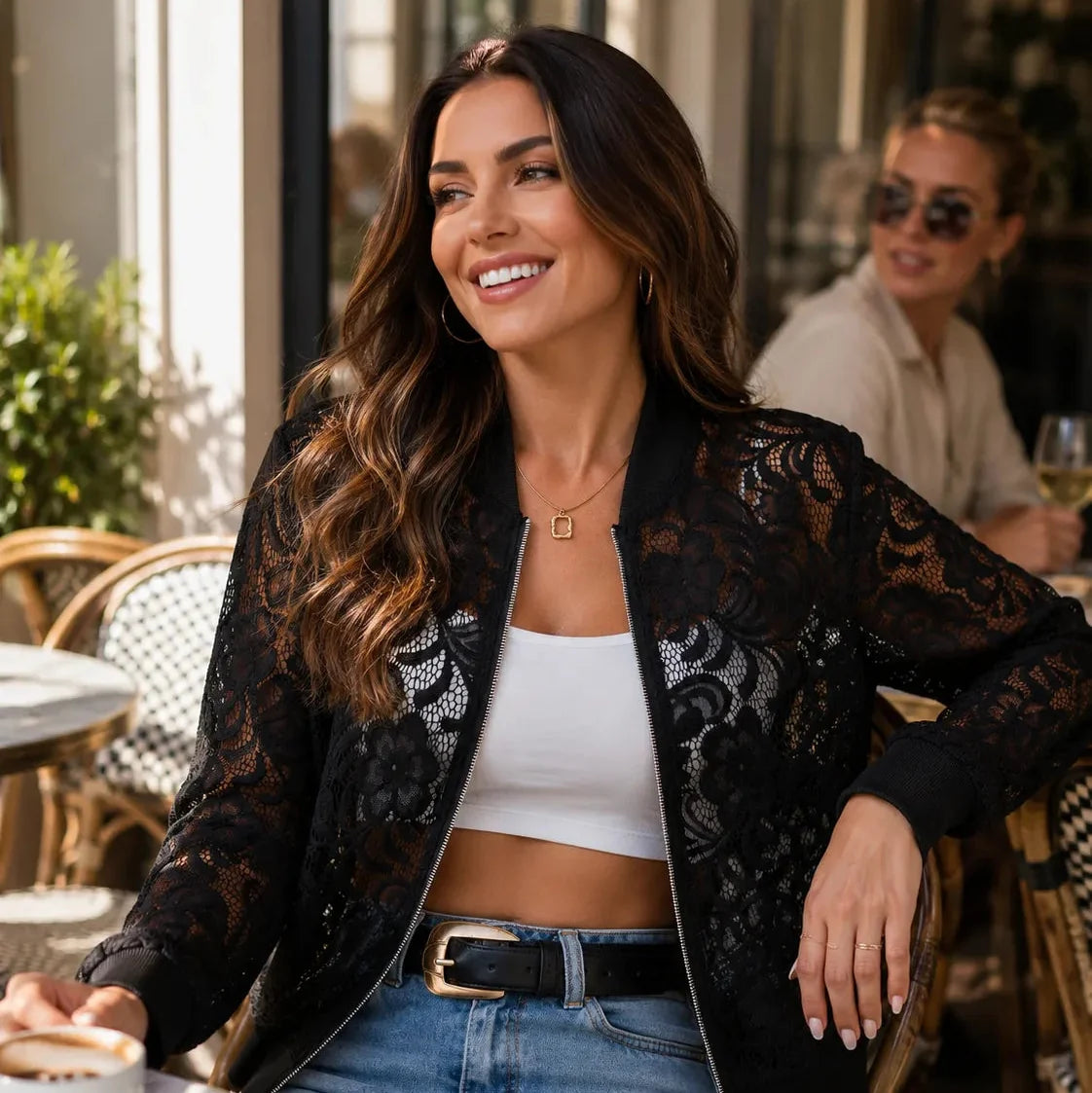 Floral Lace Zip Up Bomber Jacket for Women