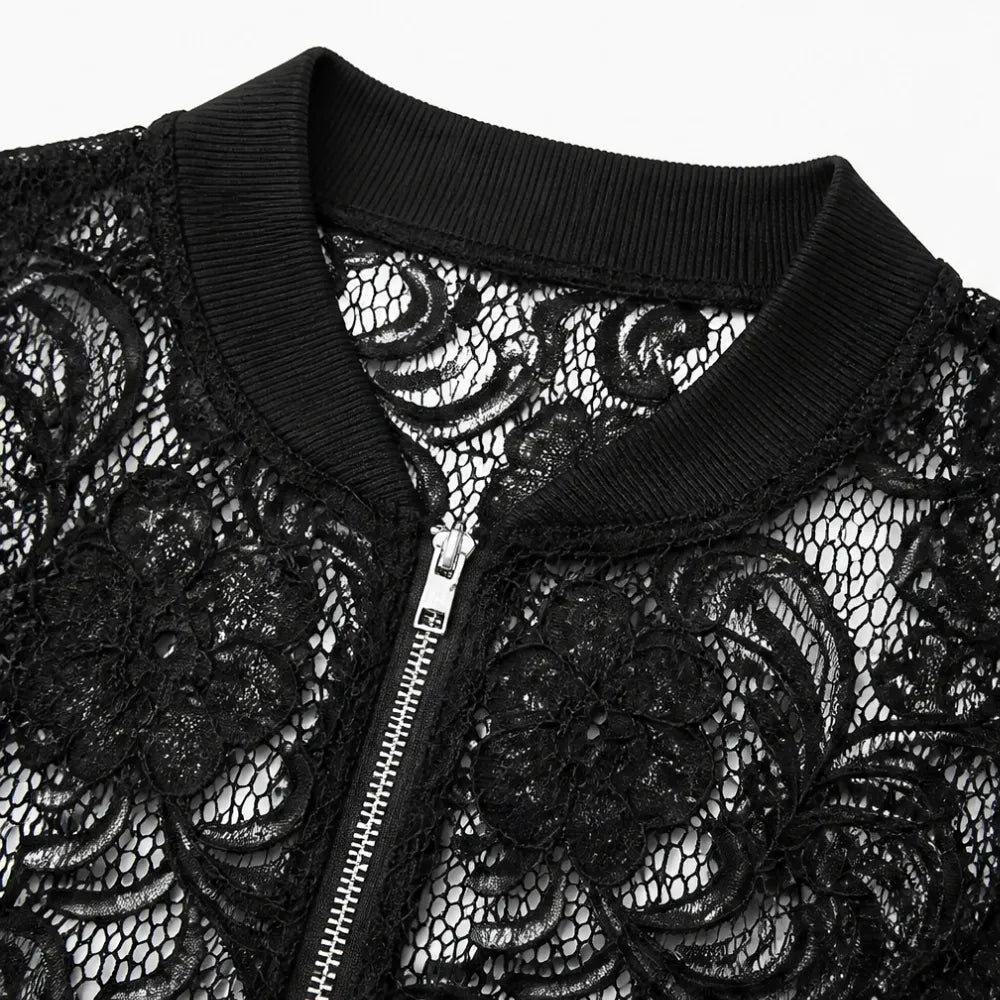Floral Lace Zip Up Bomber Jacket for Women