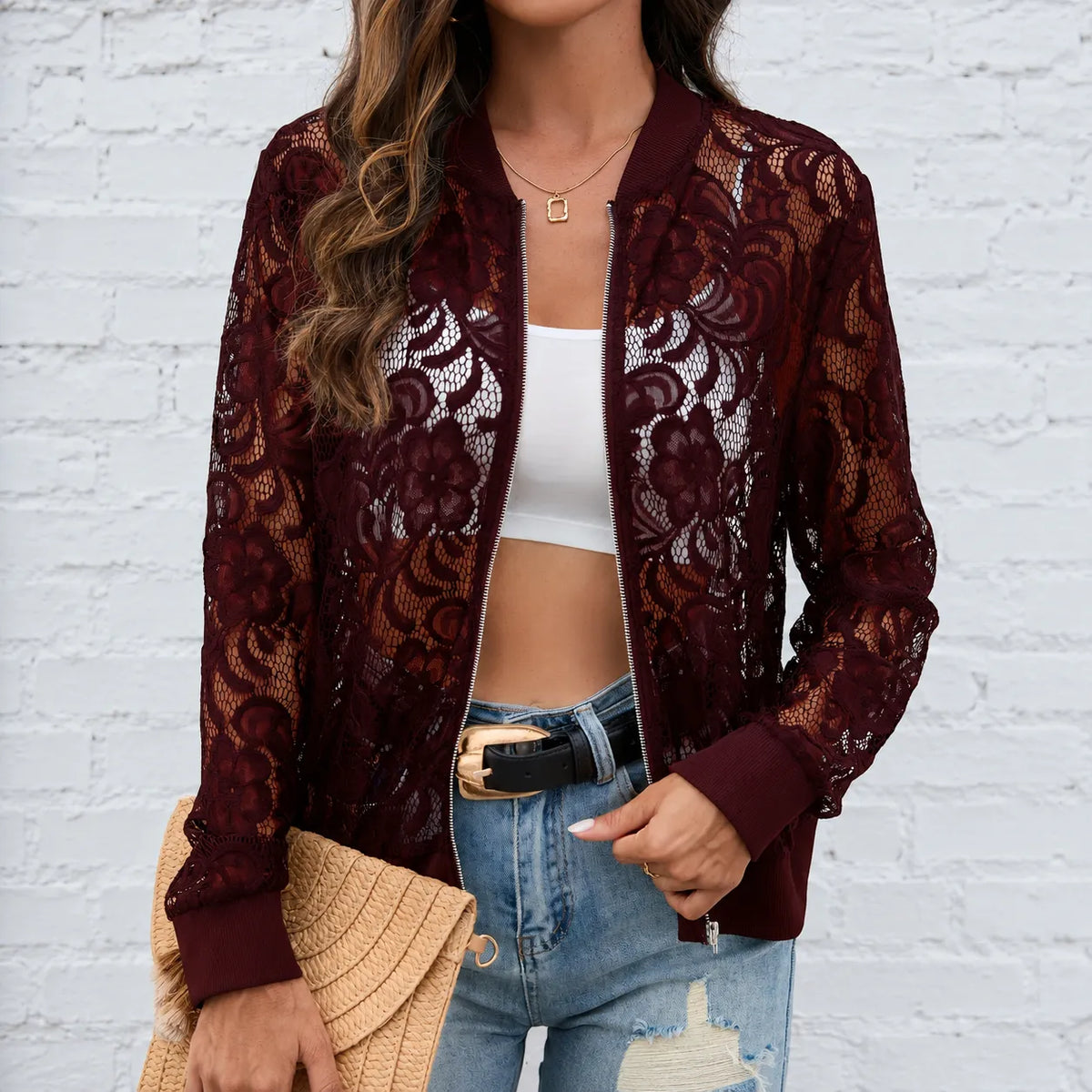 Floral Lace Zip Up Bomber Jacket for Women