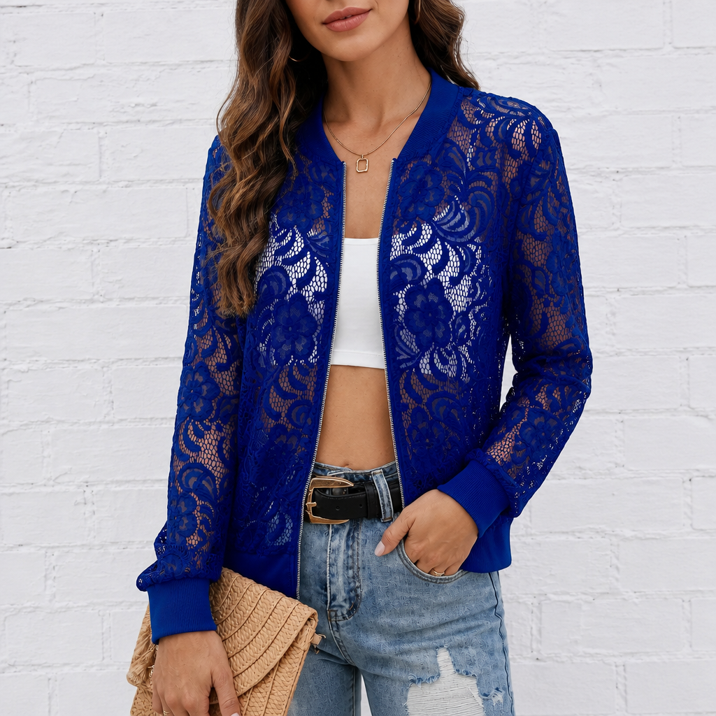 Floral Lace Zip Up Bomber Jacket for Women