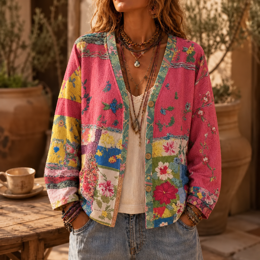 Floral patchwork boho cardigan, pink with button-front and long sleeves, multicolor floral panels