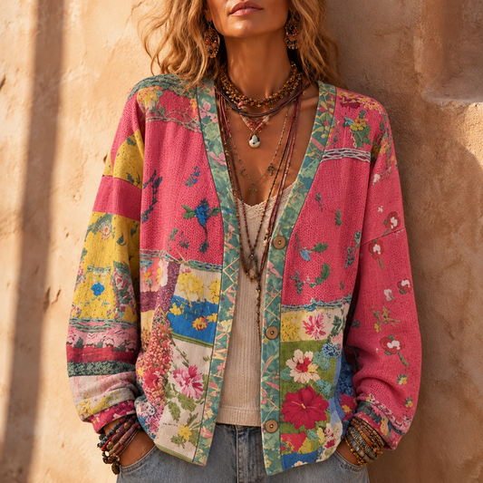 Floral patchwork boho cardigan in pink with button-front, long sleeves, colorful floral patchwork