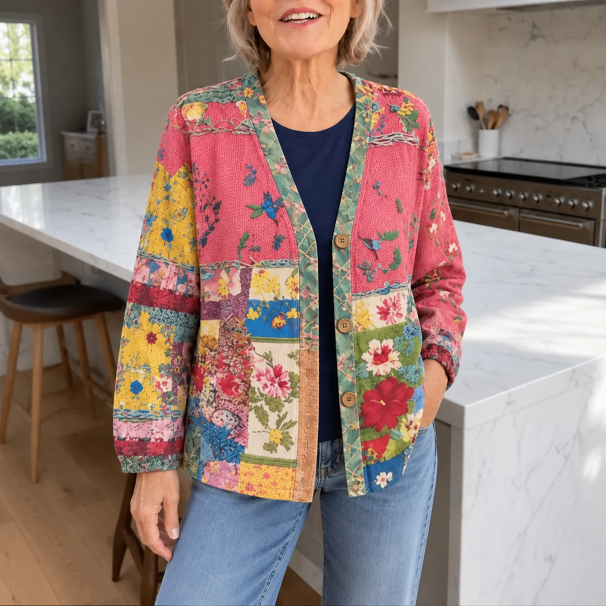 Boho floral patchwork cardigan with button-front, long sleeves, pink multicolor