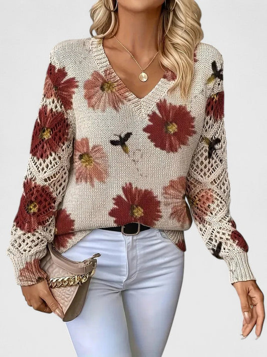 Floral print pullover sweater in cream with red and pink flowers and bird motifs, long sleeves