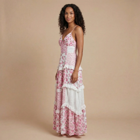 Pink floral V-neck maxi dress with tiered ruffles and lace-trimmed bodice