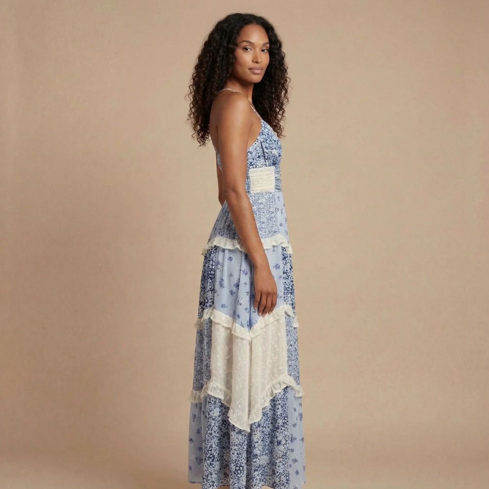 Blue floral V-neck maxi dress with tiered ruffle panels and lace-trim accents