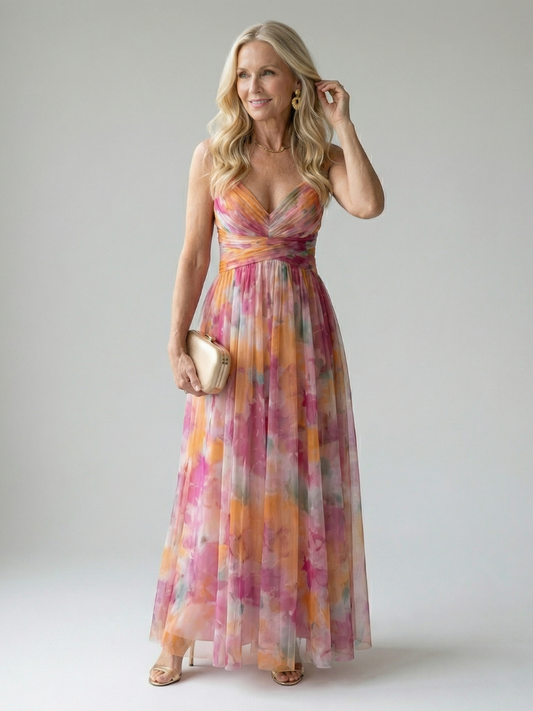 Multicolor wrap maxi dress with V-neck bodice and flowing tiered chiffon skirt