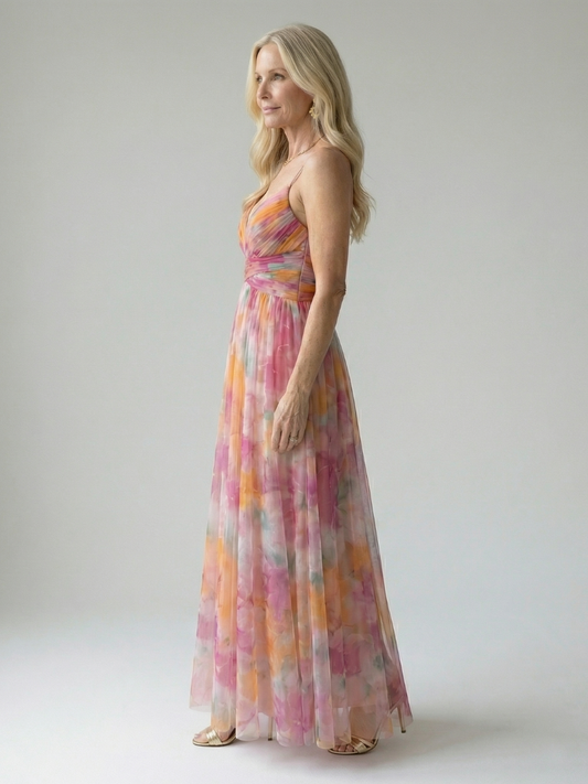 Sleeveless wrap maxi dress in peach orange pink multicolor watercolor print