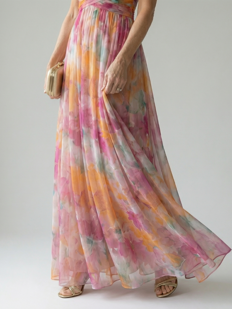 Close view of multicolor wrap maxi skirt with soft pleats and flowing hem