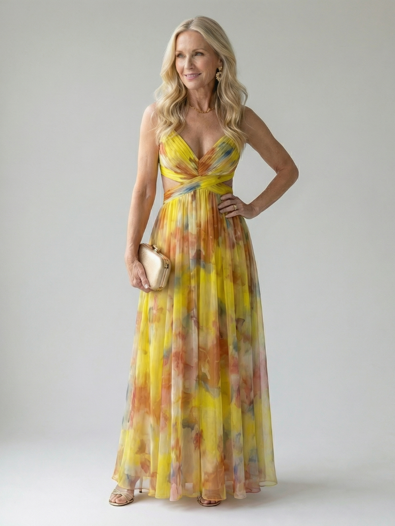 Yellow multicolor wrap maxi dress with sleeveless V-neck and gathered waist