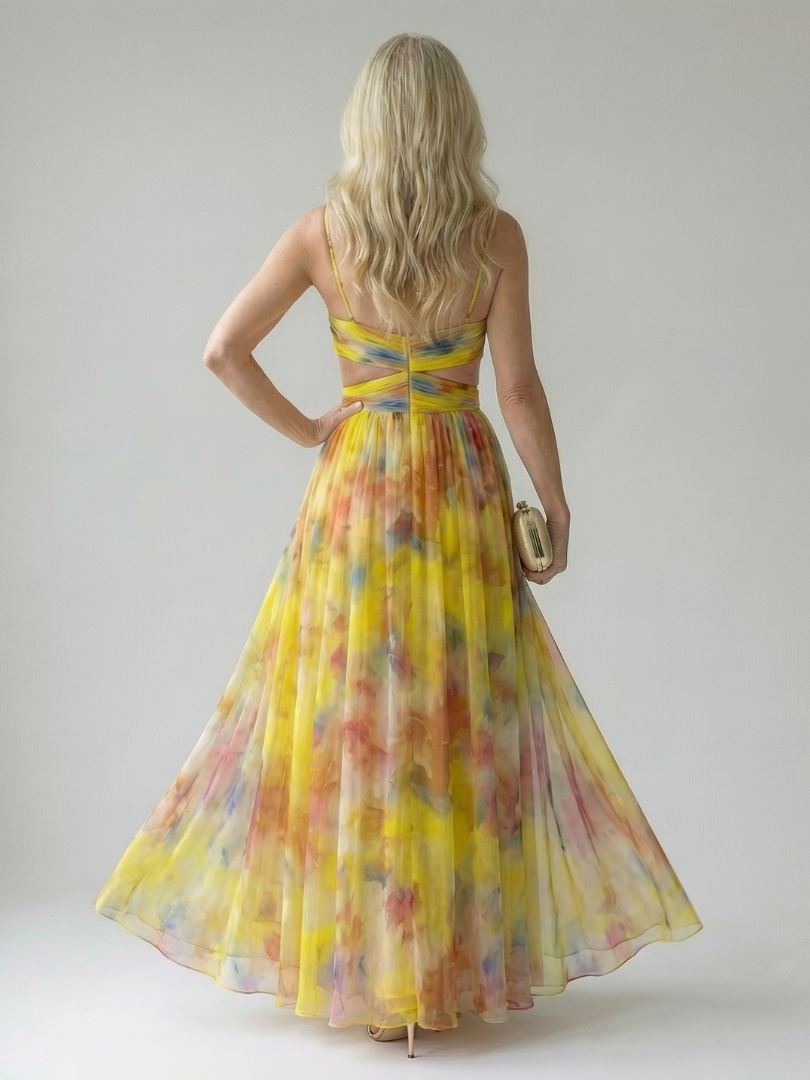 Back view of multicolor wrap maxi dress with V-back and tied waist