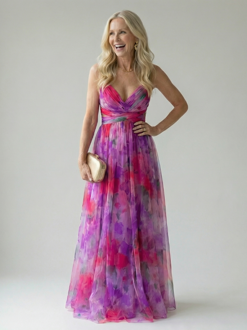 Pink and purple wrap maxi dress with sleeveless V-neck and gathered waist
