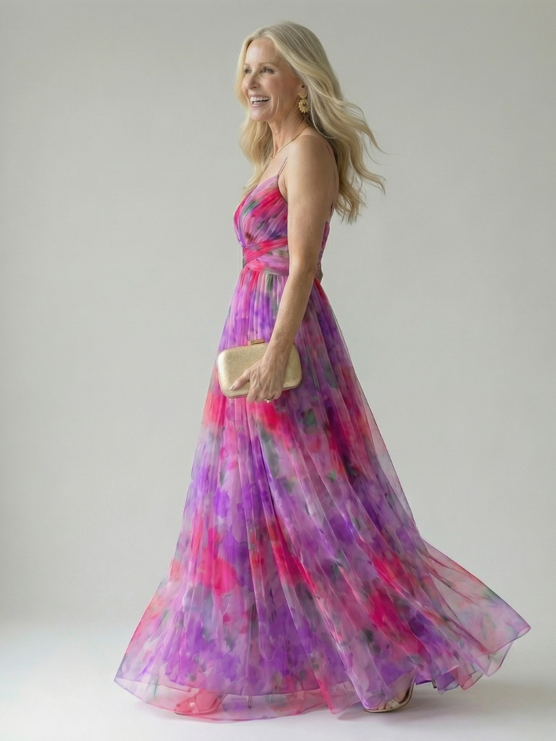 Multicolor wrap maxi dress with V-neck and spaghetti straps, flowing tiered skirt