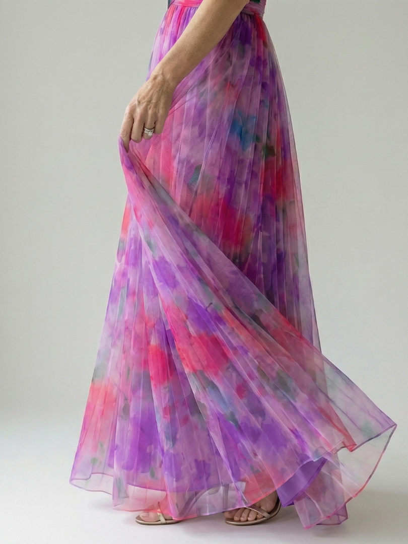 Multicolor wrap maxi dress with V-neck and flowing sheer skirt, side drape detail
