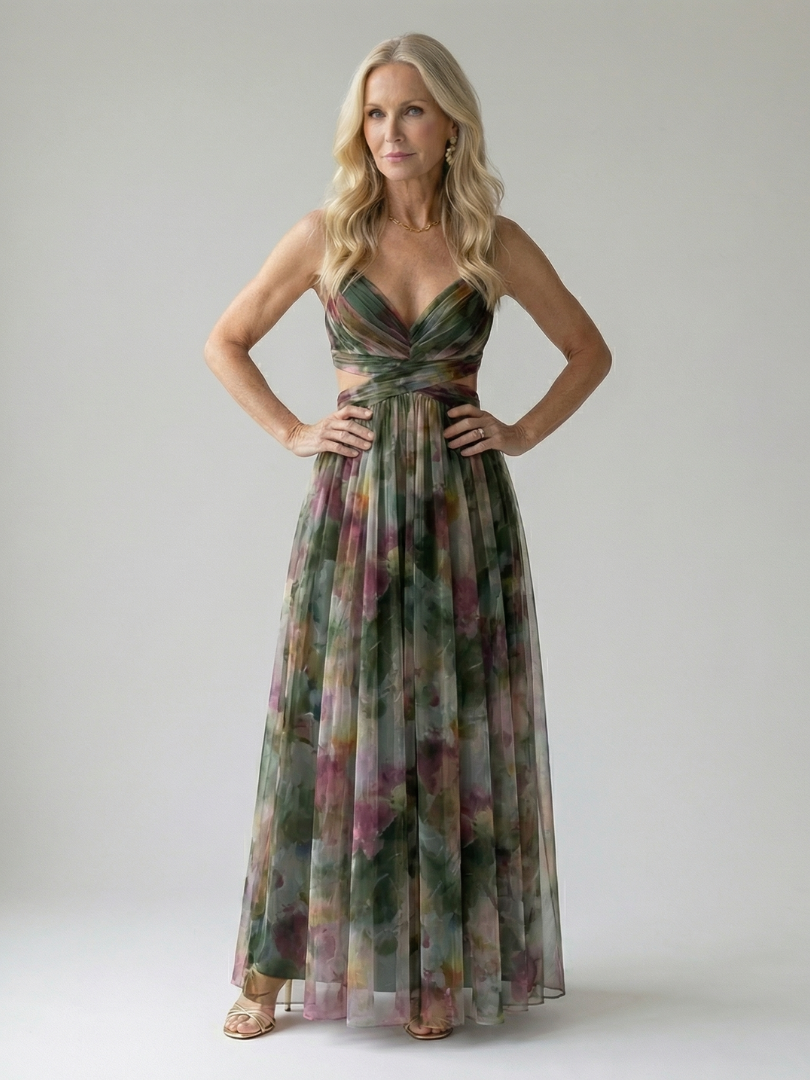 Dark green multicolor wrap maxi dress with V-neck and gathered waist