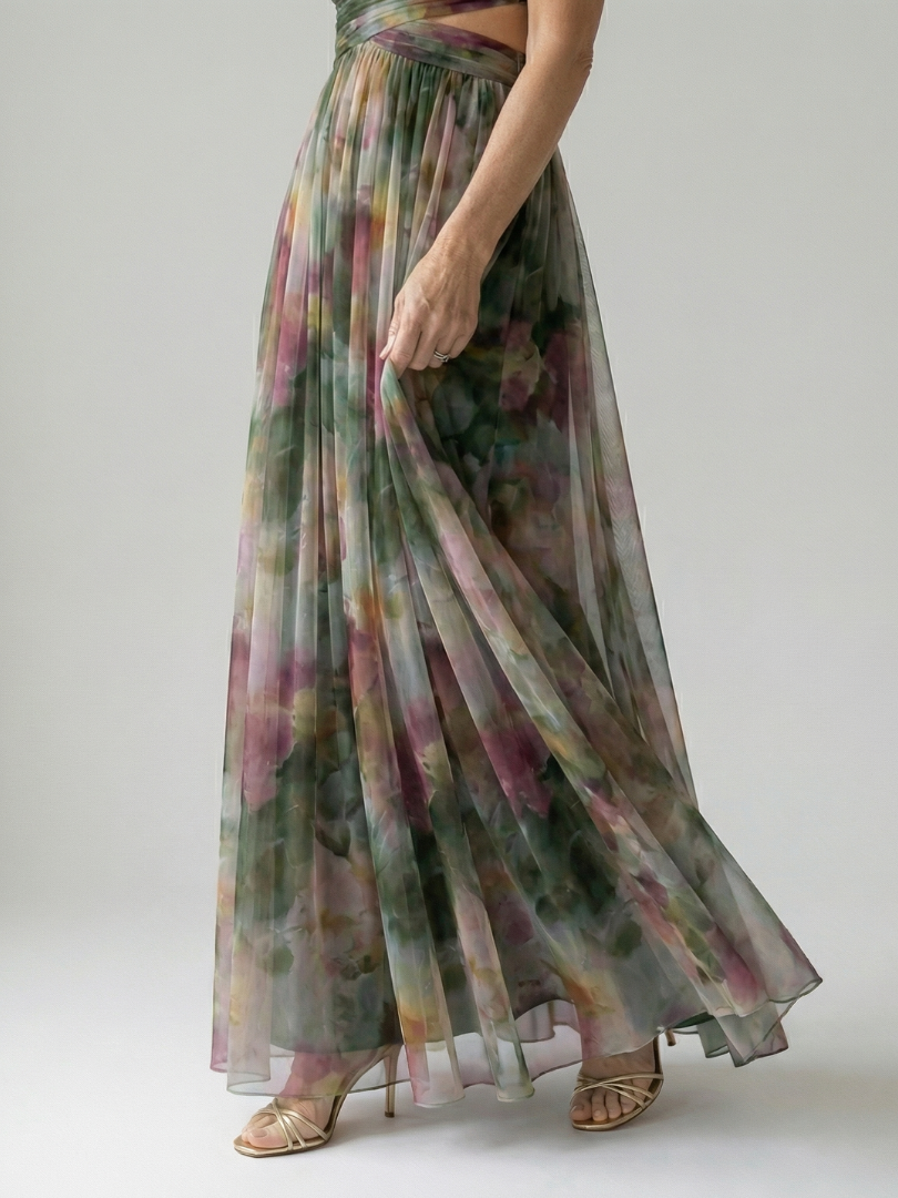 Dark green multicolor wrap maxi dress with V-neck and flowing chiffon tiers
