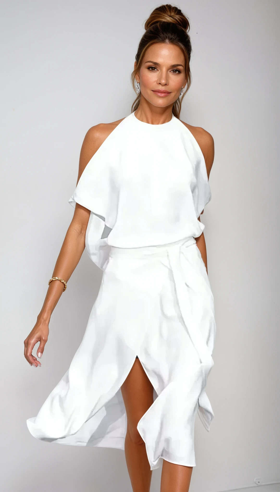 White halter maxi A-line dress with draped sleeves and front slit