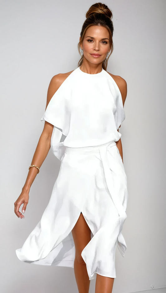 White halter maxi A-line dress with draped sleeves and front slit