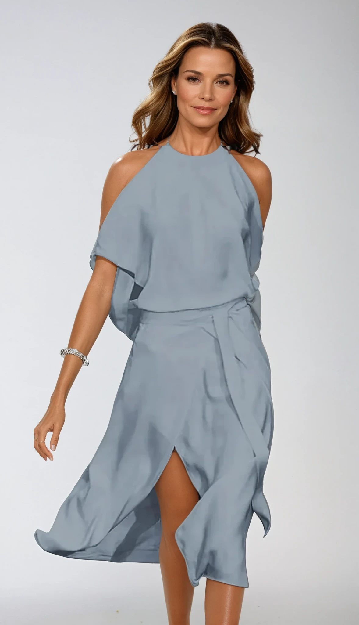 Blue-gray halter maxi A-line dress with draped sleeves and front slit
