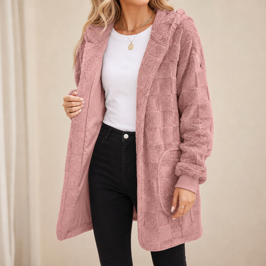 Pink fluffy checked open-front cardigan with hood and long sleeves