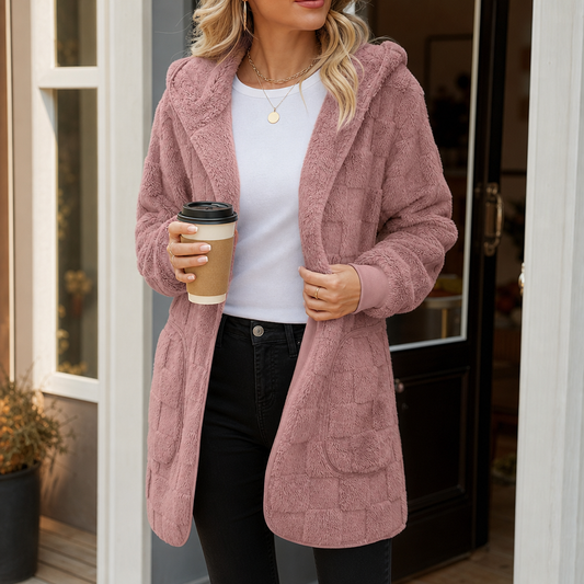 Pink fluffy checked open-front cardigan with hood, front pockets, and long sleeves