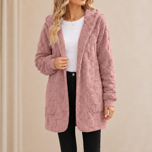 Rose pink fluffy checked open-front cardigan with patch pockets and long sleeves