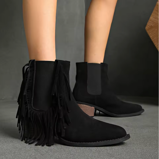 Black fringe block heel ankle boots with side pull tab