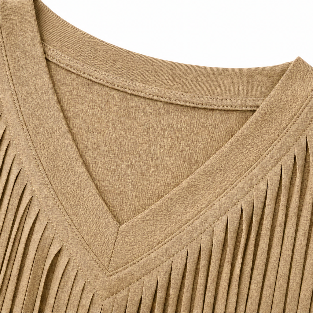 Camel V-neck top with stitched seams and fringe detailing at chest