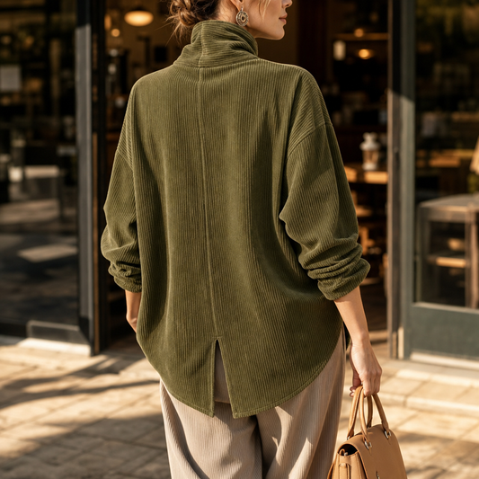 Olive green corduroy top with funnel collar and split hem at the front