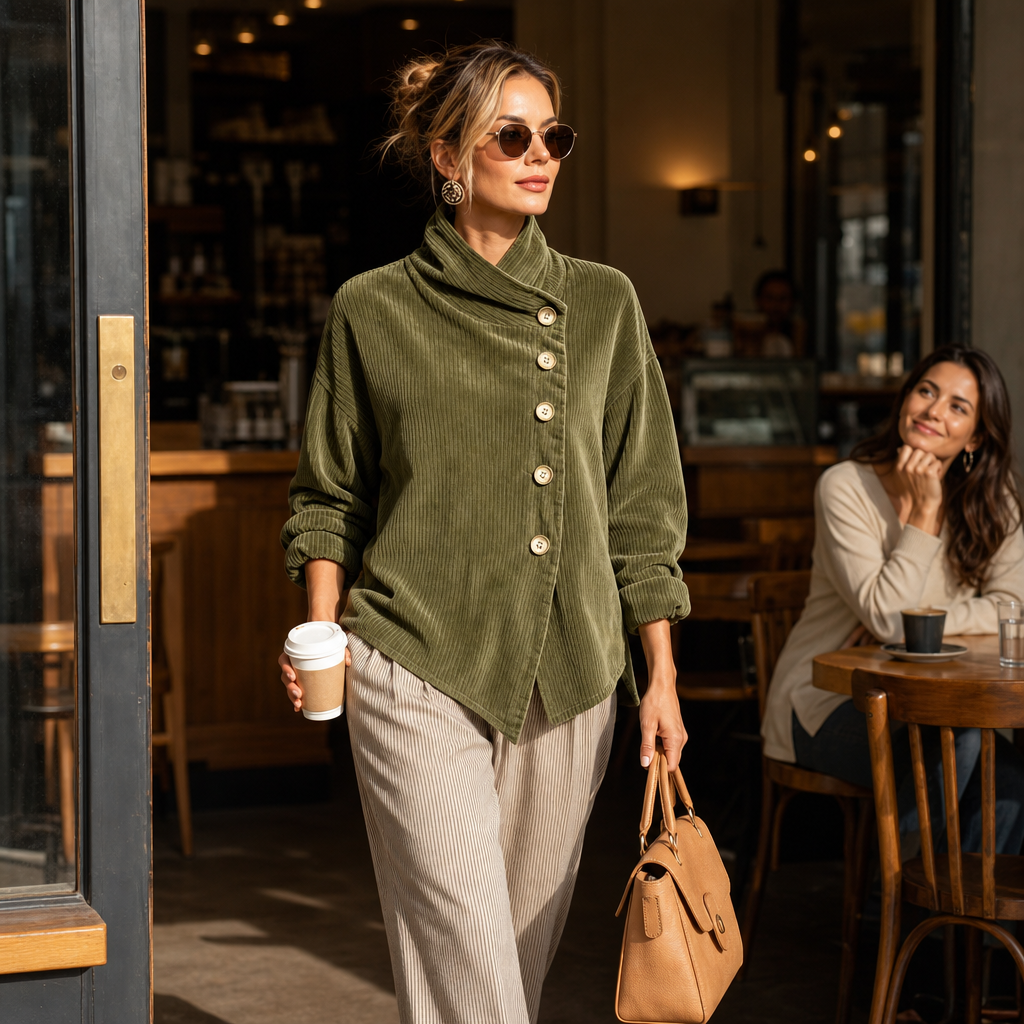 Olive green corduroy funnel-collar top with four-button asymmetric placket