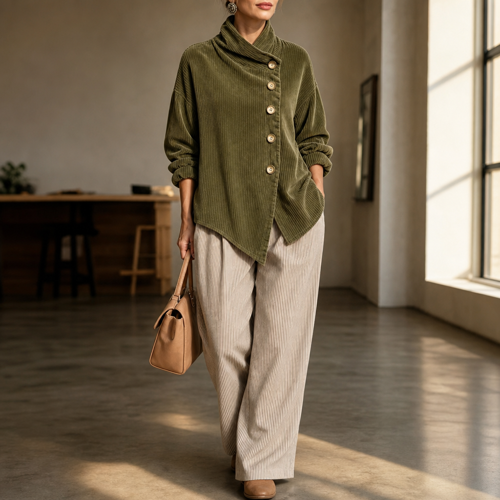 Olive green corduroy funnel-collar top with buttoned asymmetric front