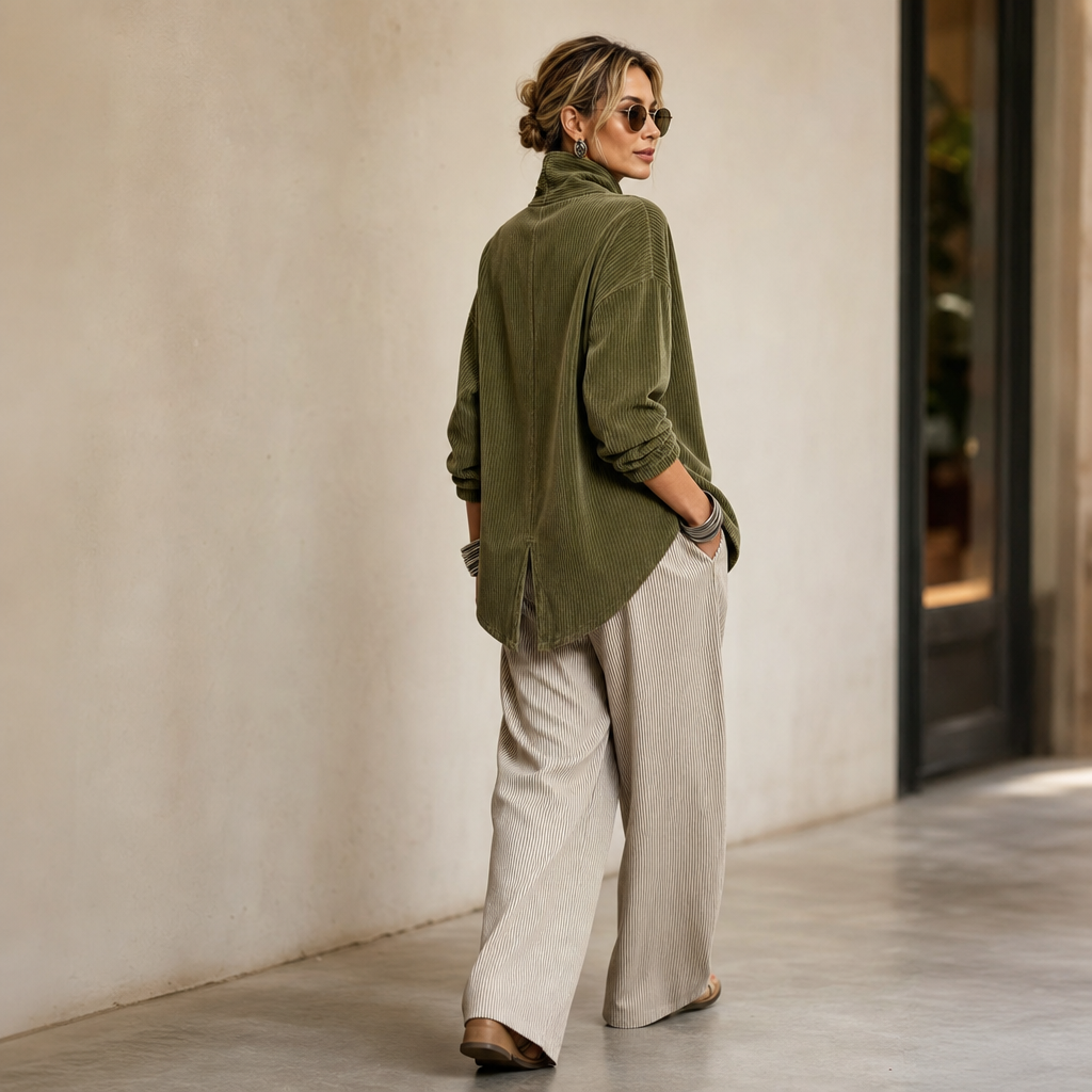 Olive green corduroy top with funnel collar and textured ribbed fabric