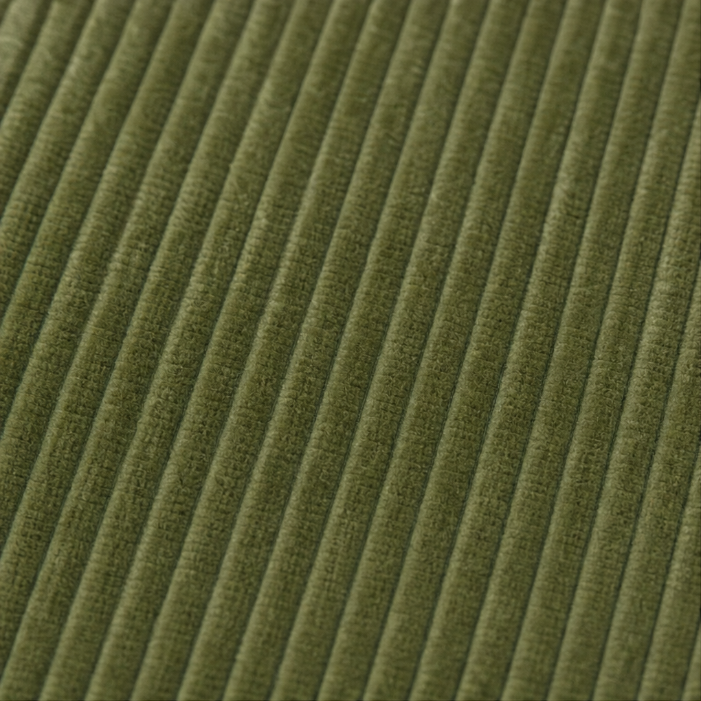 Close-up of olive green ribbed corduroy fabric texture