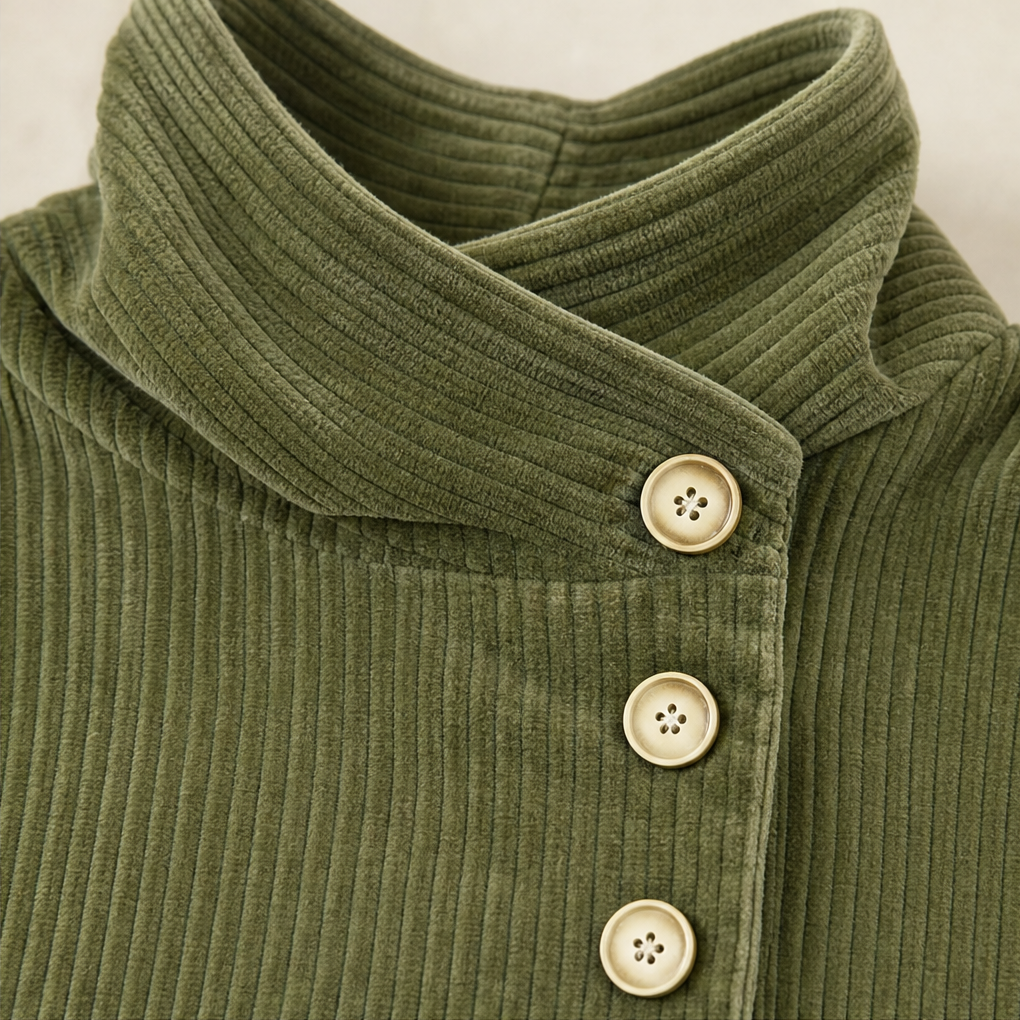 Olive green corduroy funnel collar with cream button details