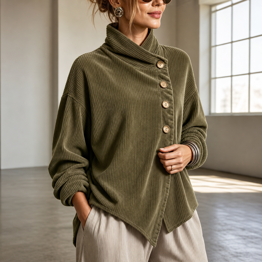 Olive green corduroy funnel-collar top with asymmetrical button placket