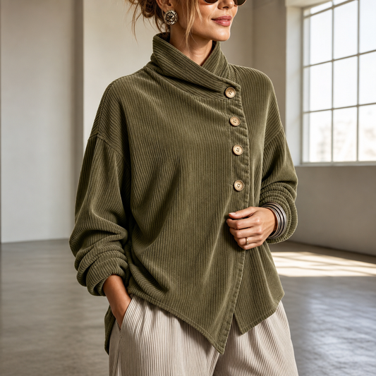 Olive green corduroy funnel-collar top with asymmetrical button placket