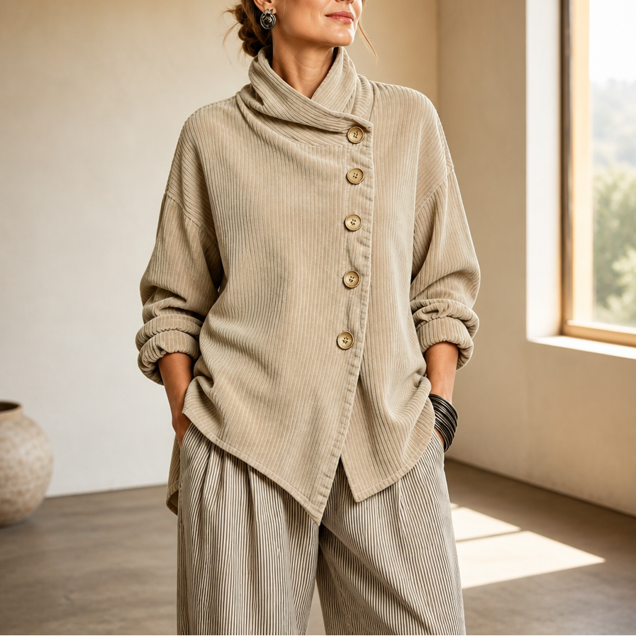 Beige corduroy top with funnel collar and asymmetric button front, long sleeves
